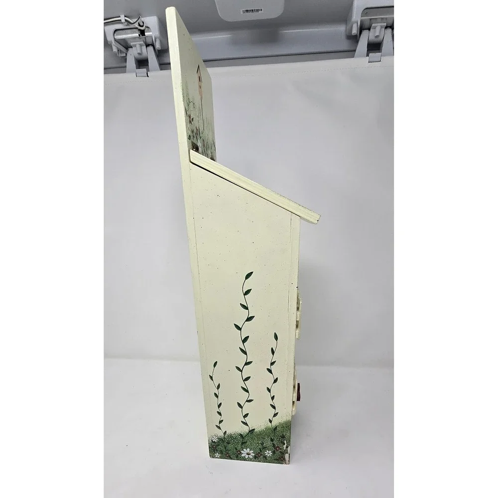 Vtg hand painted wooden grocery bag holder picket fence floral‎ cottagecore